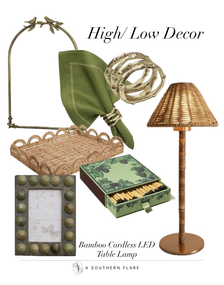 High/Liw Home Decor/ Home Interiors/ Faux Bamboo Lamp/Mirror/ Woven Tray/ Bobbin Frame: Amazon/ Affordable Decor