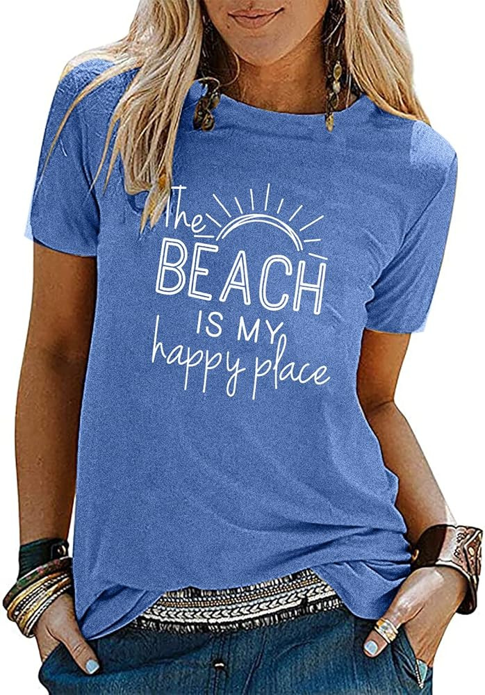 Beach Shirt Women The Beach is My Happy Place T Shirt Short Sleeve Casual Summer Vacation Tees To... | Amazon (US)