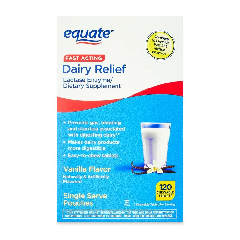 Equate Dairy Relief Lactase Enzyme Vanilla Chewable Tablets, 120 Count, Compare to Lactaid Fast A... | Walmart (US)