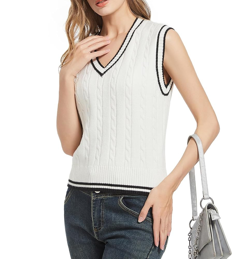 Womens Sweater Vest Cable Knit Casual V Neck Ribbed Preppy Pullover Tops Sleeveless | Amazon (US)