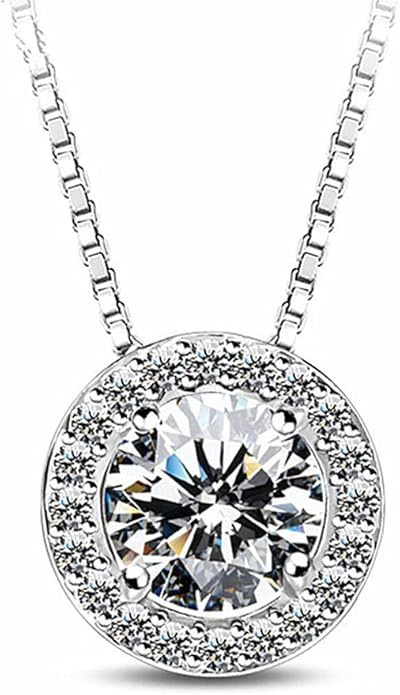 Full Diamond Round Zircon Necklace Bridal Jewelry Birthday Gift Free Clavicle Chain | 1.5ct 7mm |... | Amazon (US)