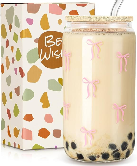 Cute Glass Cup with Lids and Straws,Cute Glass Cups Pink Bow Iced Coffee Cup,Drinking Jar Beer Cu... | Amazon (US)