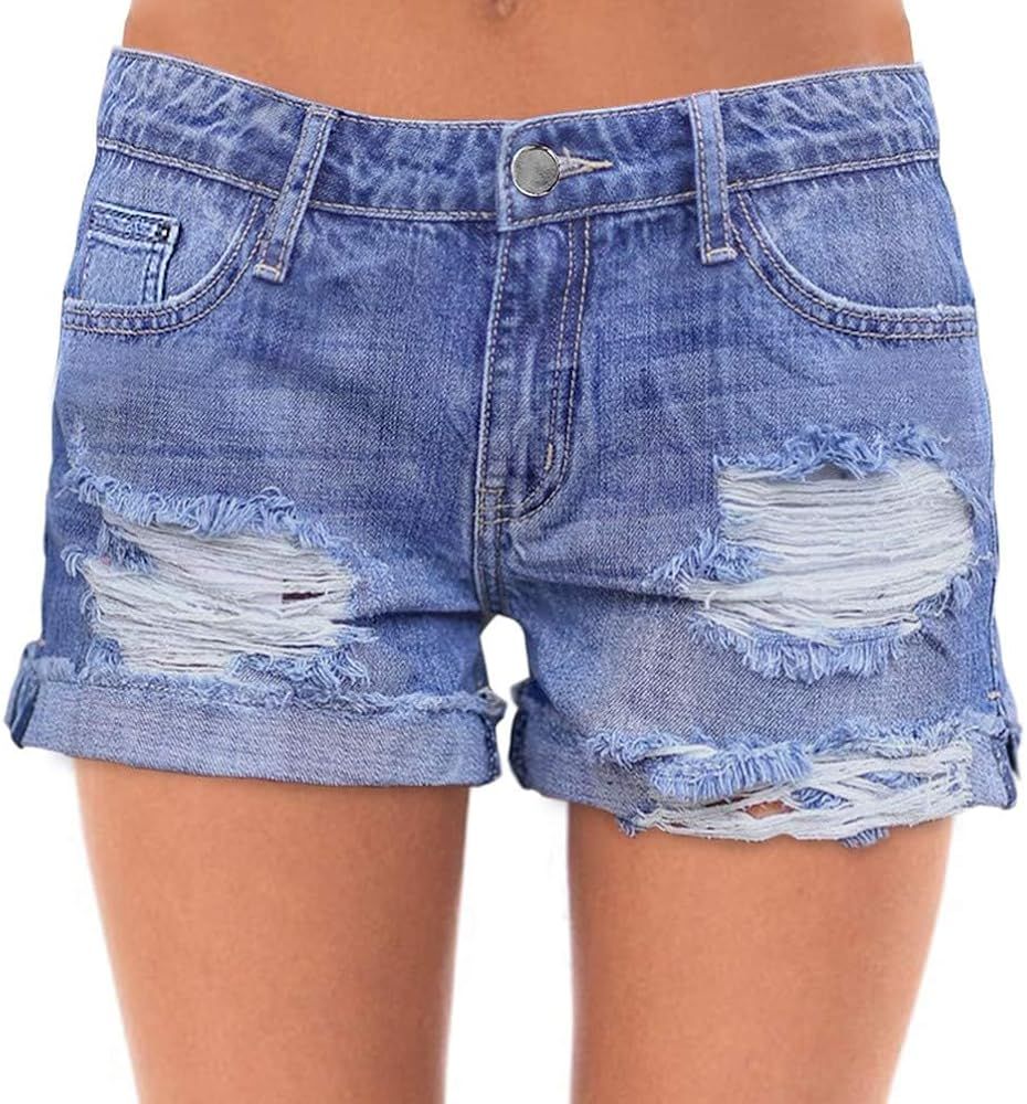 roswear Women's Ripped Mid Rise Stretchy Denim Jeans Shorts | Amazon (US)