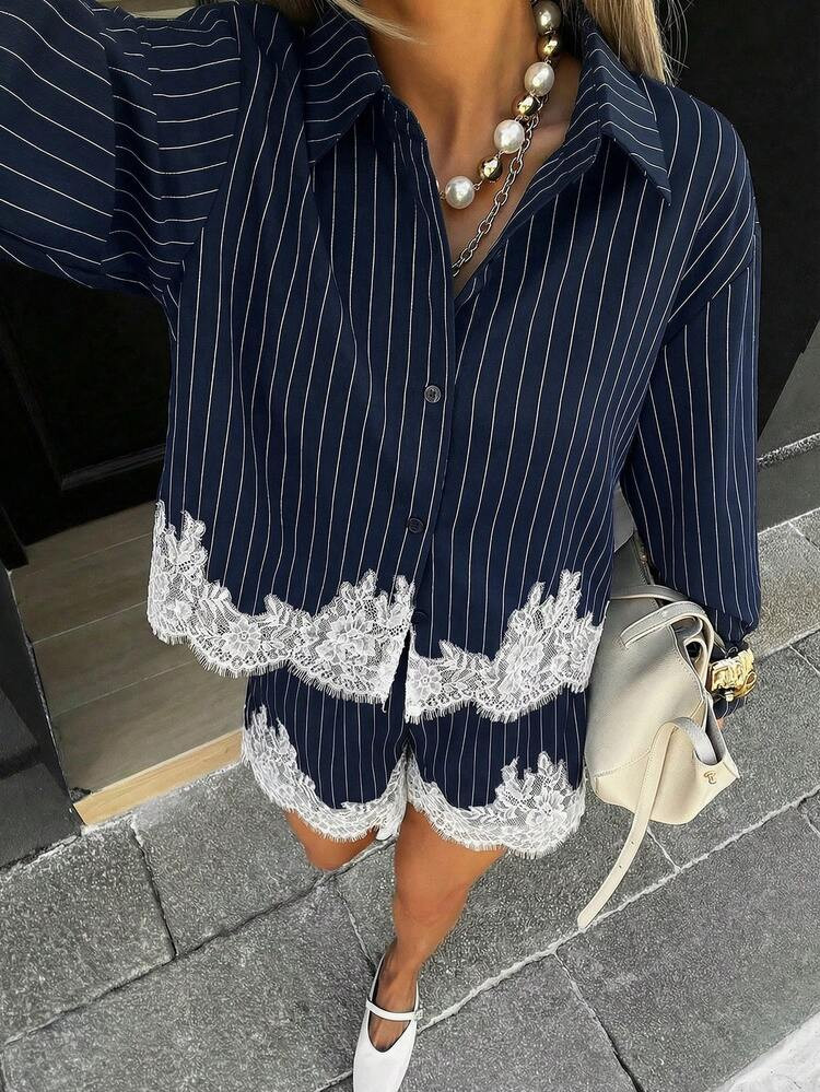 Siren Gaze Striped Short Shirt And Shorts Set, Lace Decorated Women 2 Pieces Set, Shorts Set, Shi... | SHEIN
