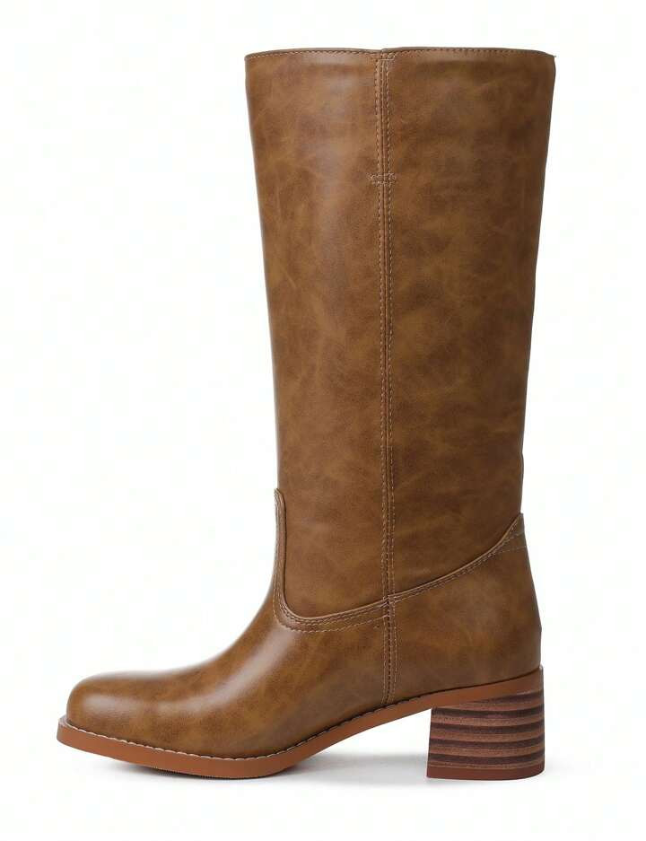 Knee High Boots For Woman Square Toe Fall Wide Calf Pull On Chunky Block Heeled Boots Riding Boot... | SHEIN
