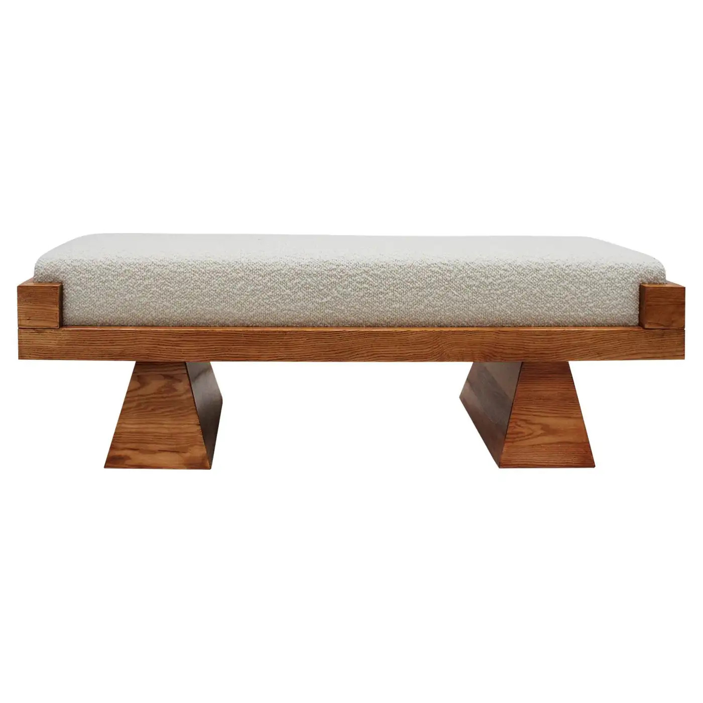 Brutalist Style Bench with Solid Oak Pyramid Bases and Ivory Bouclé Upholstery | 1stDibs