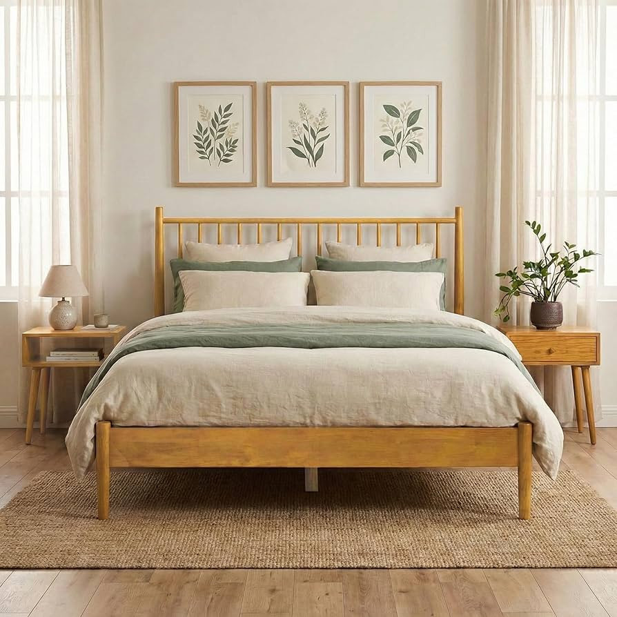 NTC Inno Wooden Bed Frame with Headboard, Solid Oak and Rubber Wood Foundation with Silent Slats ... | Amazon (US)