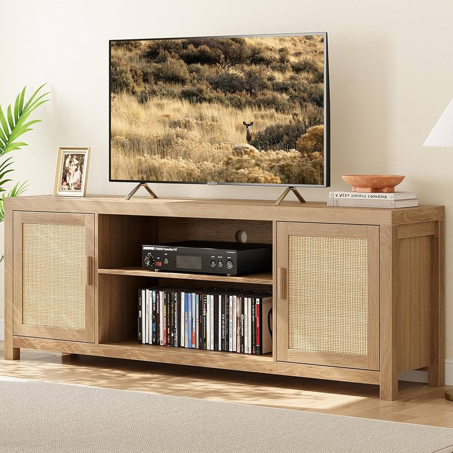 IDEALHOUSE Rattan TV Stand for 65 inch, Natural Oak Entertainment Center with Adjustable Shelves,... | Amazon (US)