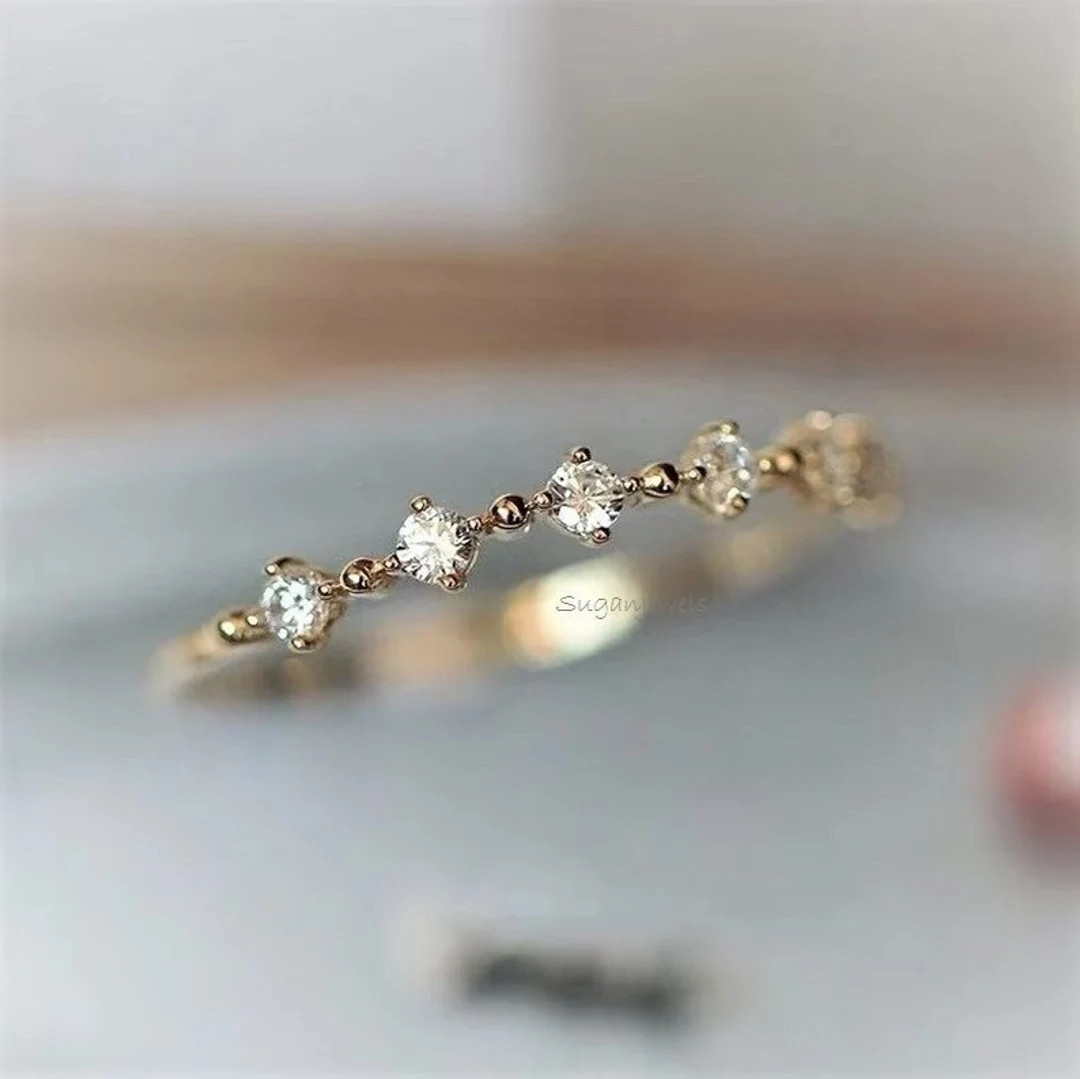 Dainty 14K Gold Moissanite Ring: Thin Stacking Band - Etsy | Etsy (US)