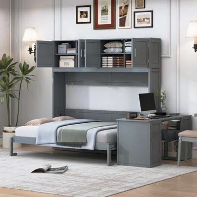 Queen Size Wall-Mounted Murphy Bed with Desk, Storage Shelves & Cabinets, Space-Saving Gray | Wayfair North America