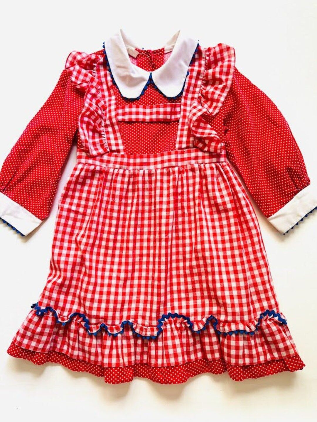 Vintage 70s Girls Red Gingham and Polka Dot Pinafore Style - Etsy | Etsy (US)