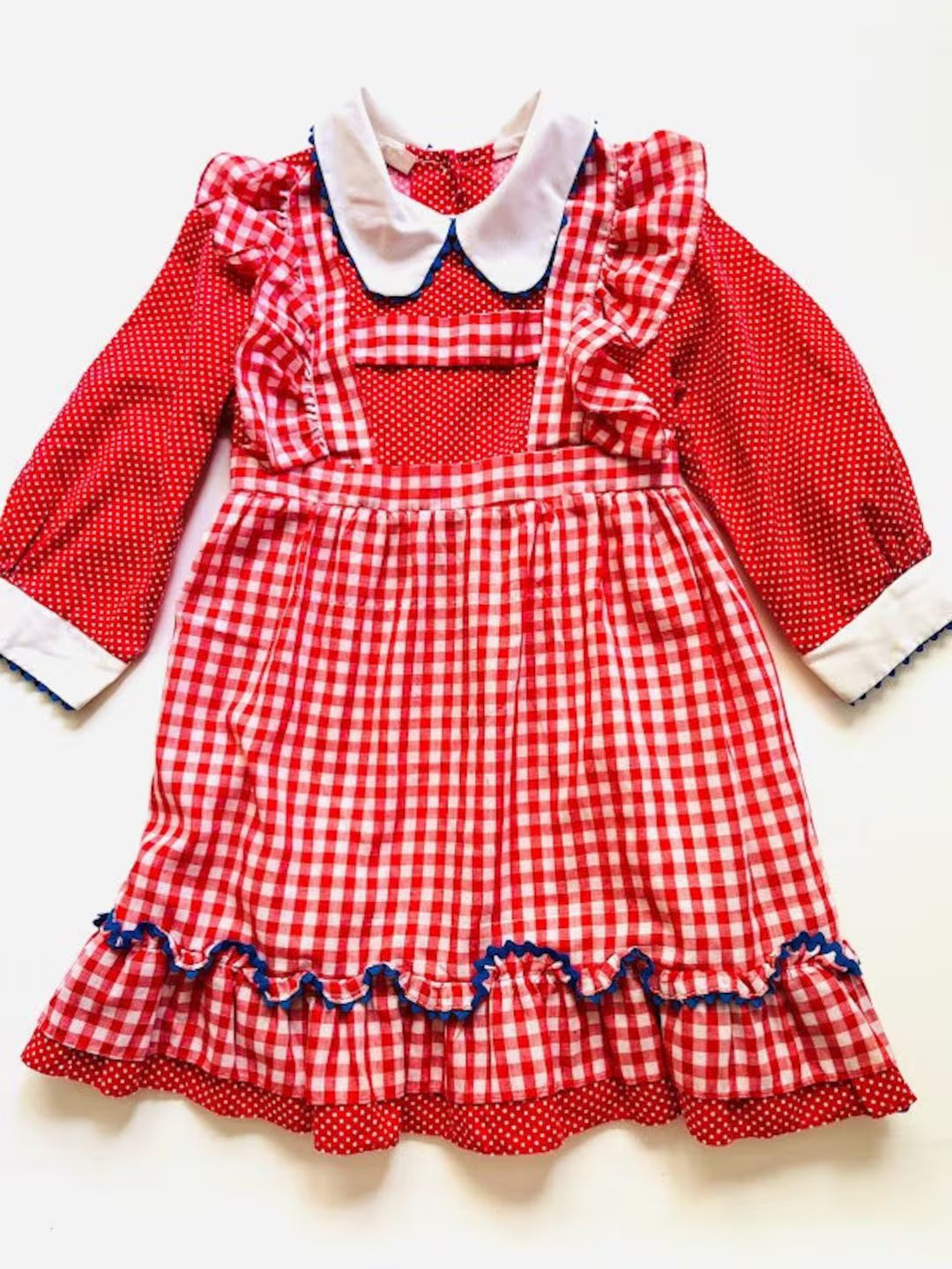 Vintage 70s Girls Red Gingham and Polka Dot Pinafore Style - Etsy | Etsy (US)