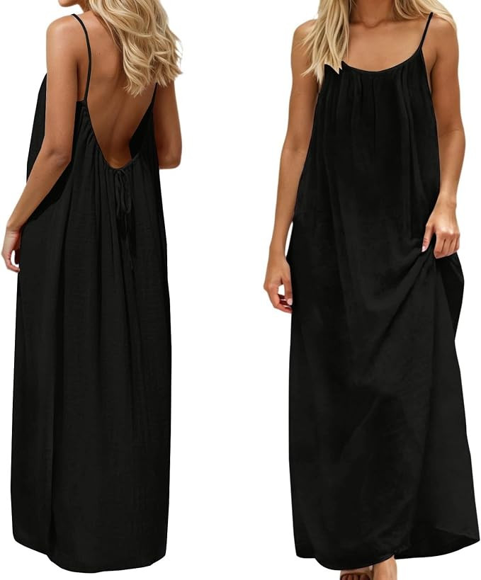 Backless Cami Dresses Women - Lounge House Dress Open Back Spaghetti Strap Maxi Long Sundress wit... | Amazon (US)