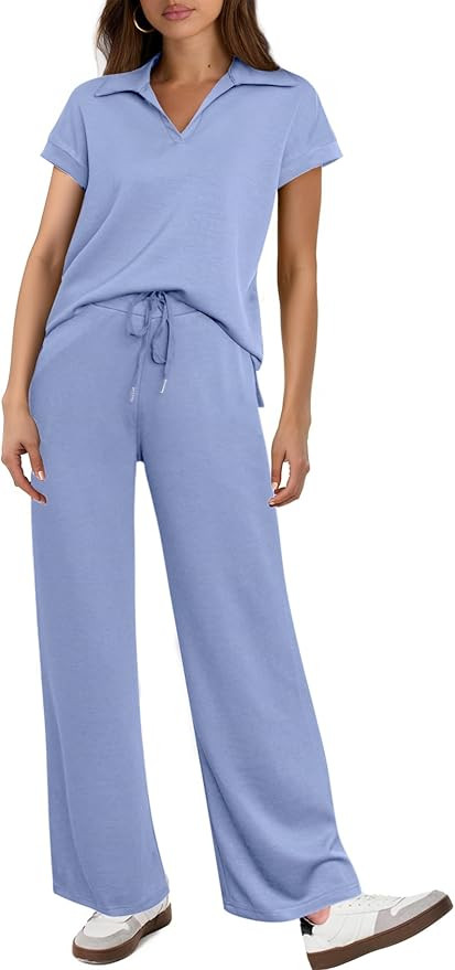 Glamaker Womens 2 Piece Summer Outfit Lounge Set Cap Sleeve Polo Top And Pant Set Tracksuit Trave... | Amazon (US)