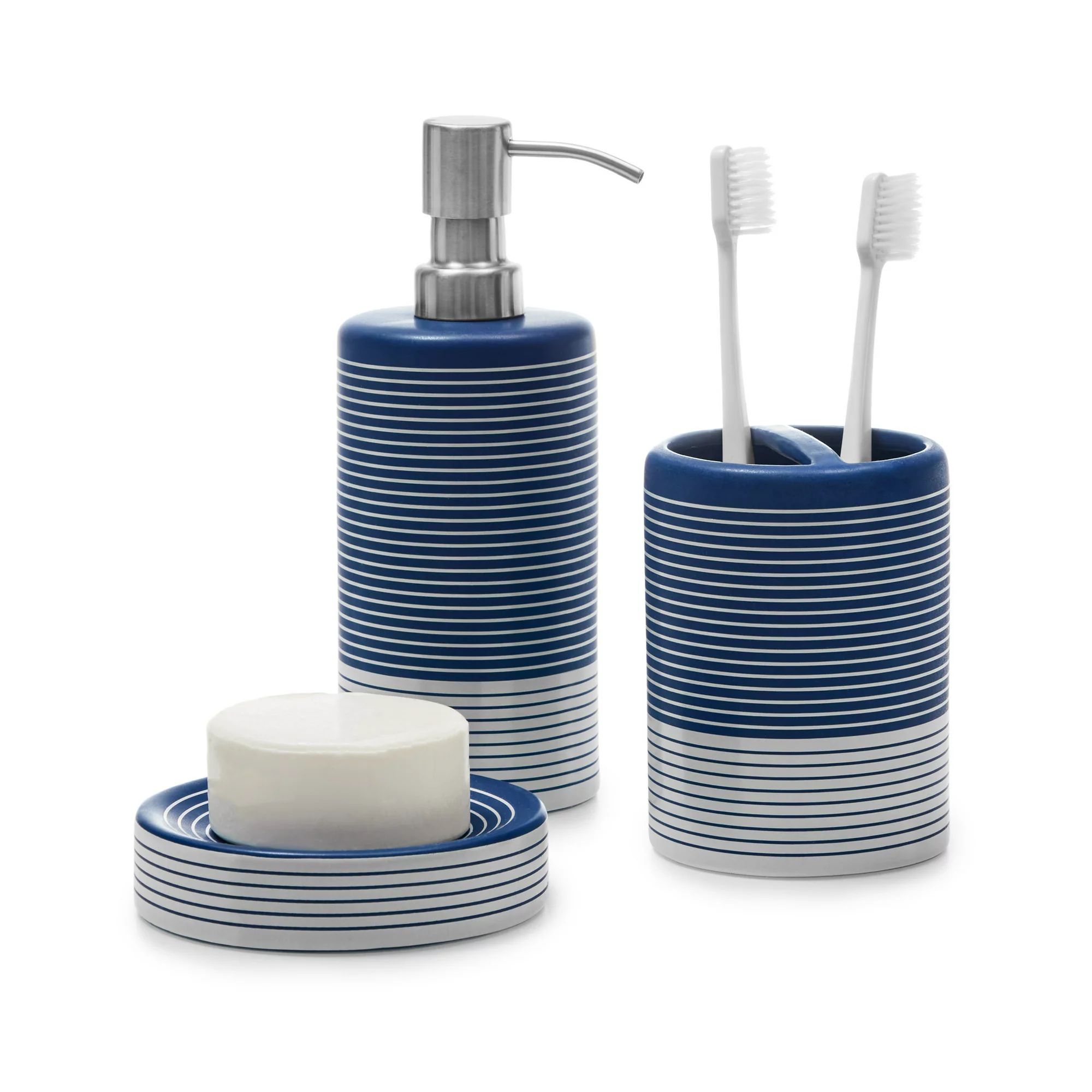 Gap Home Easy Stripe 3 Piece Ceramic Bath Accessory Set Blue | Walmart (US)