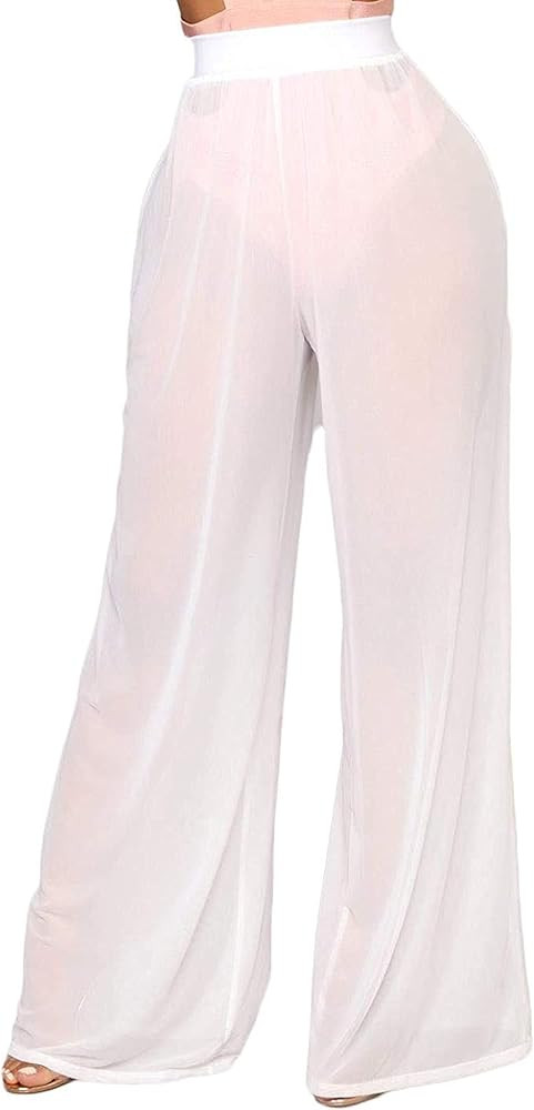 Springcmy Women Ruffle Sheer Mesh Pants See Through Bikini Bottom Swimsuit Cover up Wide Leg Beac... | Amazon (US)