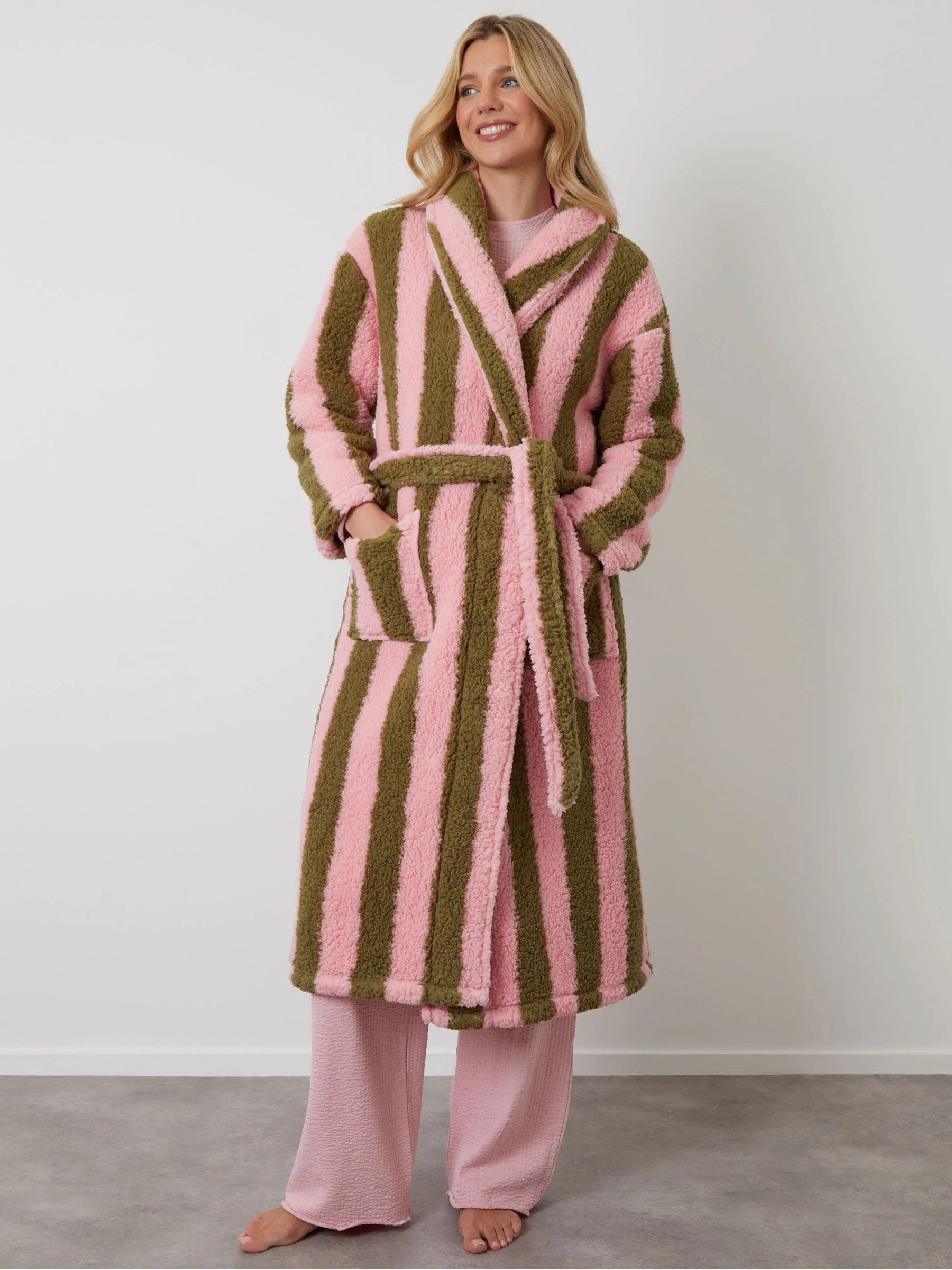 Threadbare Threadbare Pink Stripe Borg Dressing Gown | Next US