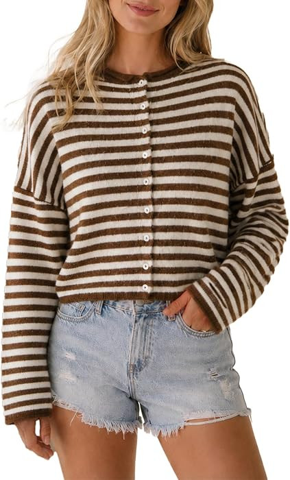 Wyeysyt Women Striped Cardigan Roll Neck Button Up Sweater | Amazon (US)