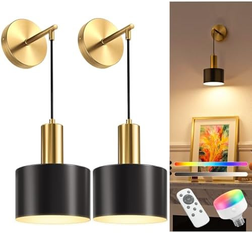 Battery Operated Wall Sconce Set of 2, Gold & Black Wireless Rechargeable Wall Lights with 5200mA... | Amazon (US)