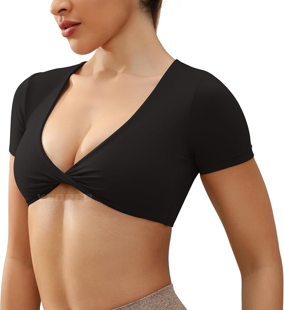 YEOREO Kyla Workout Crop Tops for Women Short Sleeve Twist Front Crop Tank Top Padded Sports Bra ... | Amazon (US)