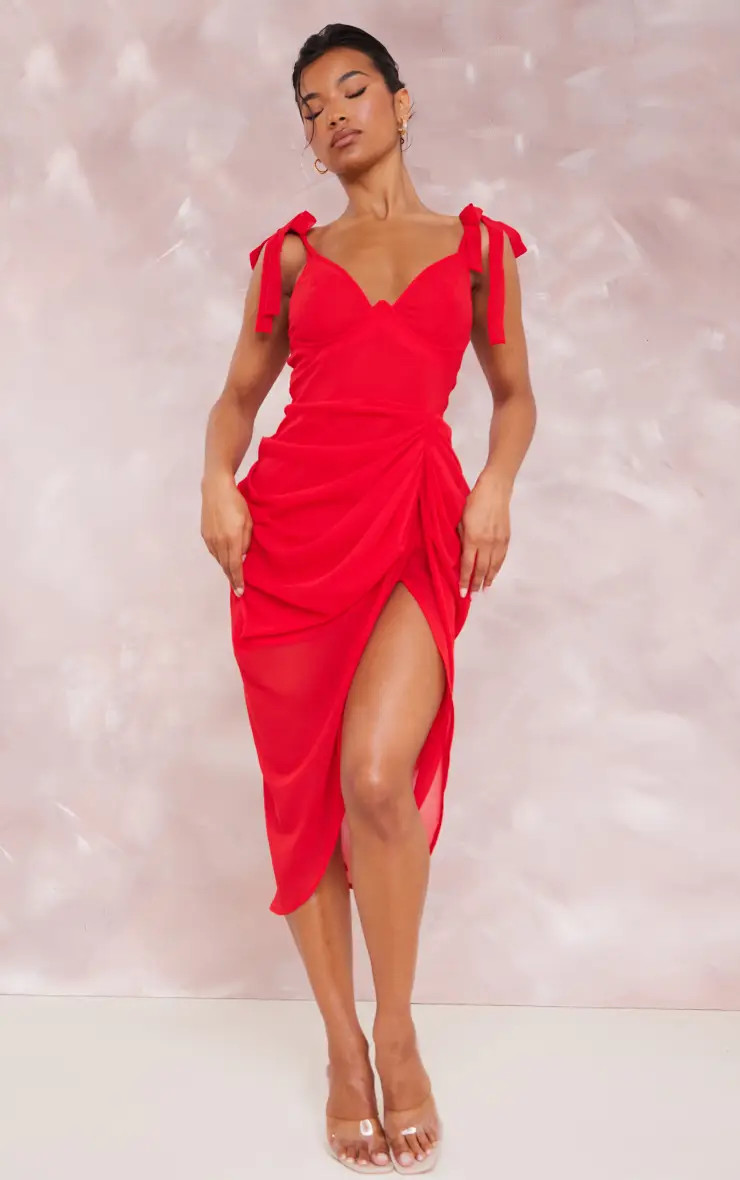 RED Underwire Detail Draped Midi Dress | PrettyLittleThing US