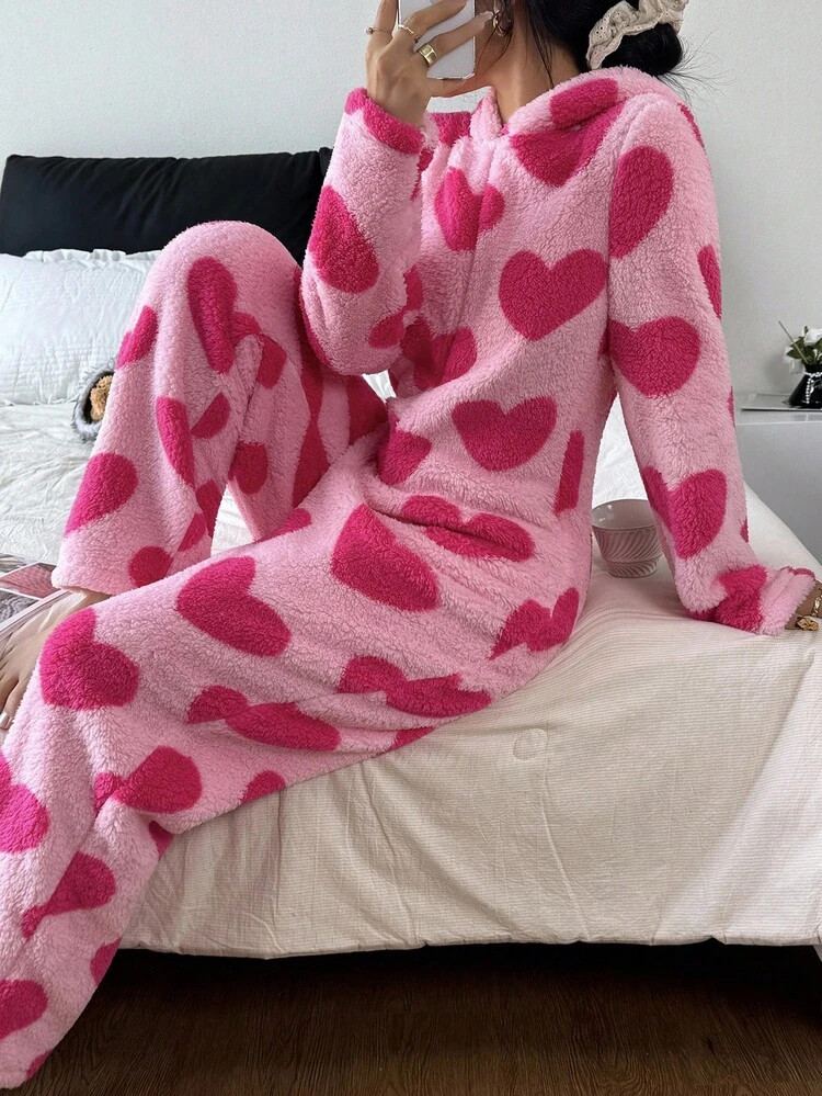 Eraneu Heart Print Hooded Long Sleeve Plush Fluffy Pajama Jumpsuit, Fall Winter, Cozy | SHEIN