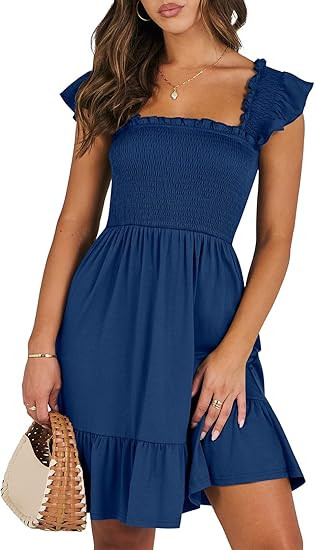 ANRABESS Women's Summer Casual Sleeveless Square Neck Dress 2026 Smocked Ruffle Backless Boho Bea... | Amazon (US)