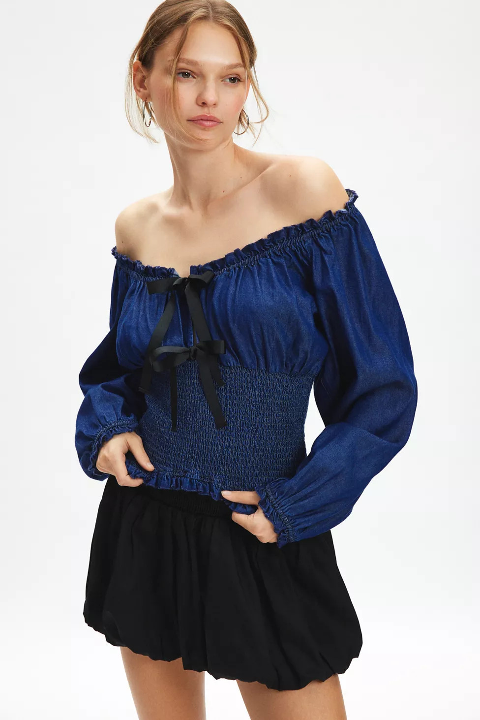 Kimchi Blue Marley Bow Front Long Sleeve Denim Blouse | Urban Outfitters (US and RoW)