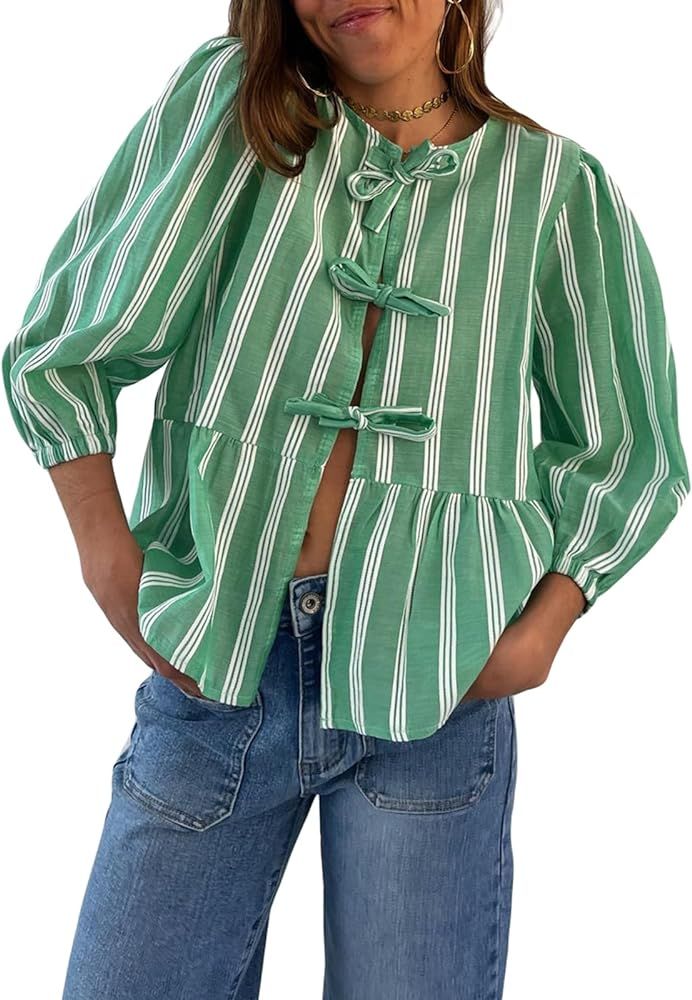 Y2K Women Puff Short Sleeve Peplum Shirt Front Tie Tops Ruffle Hem Blouses Tops Cute Babydoll Top... | Amazon (US)