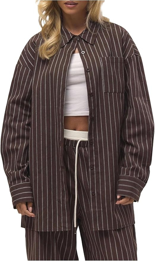 GORGLITTER Women's Striped Button Down Shirt Oversized Long Sleeve Blouses Office Business Outfit... | Amazon (US)