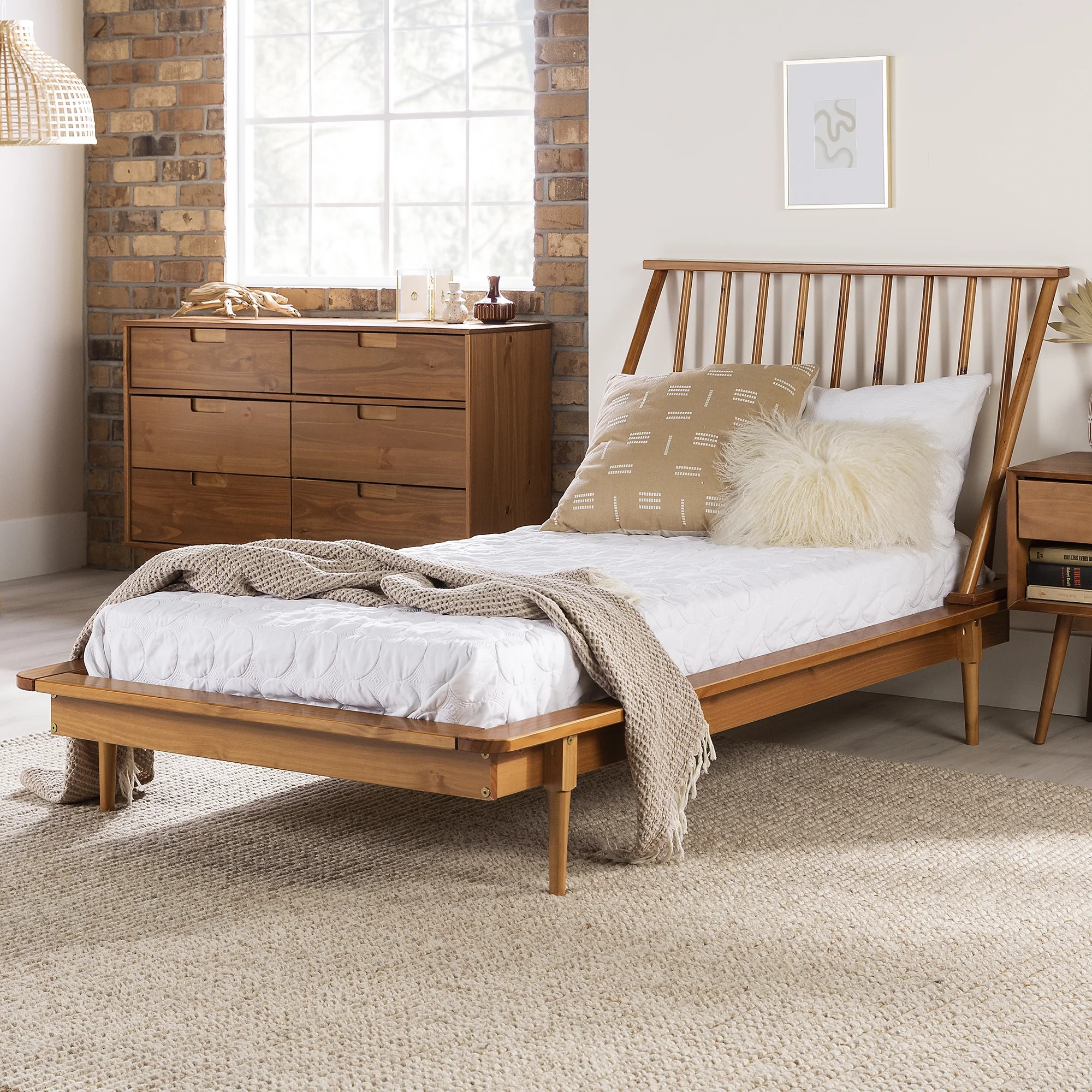 Desert Fields Modern Boho Solid Wood Platform Twin Bed, Caramel - Walmart.com | Walmart (US)