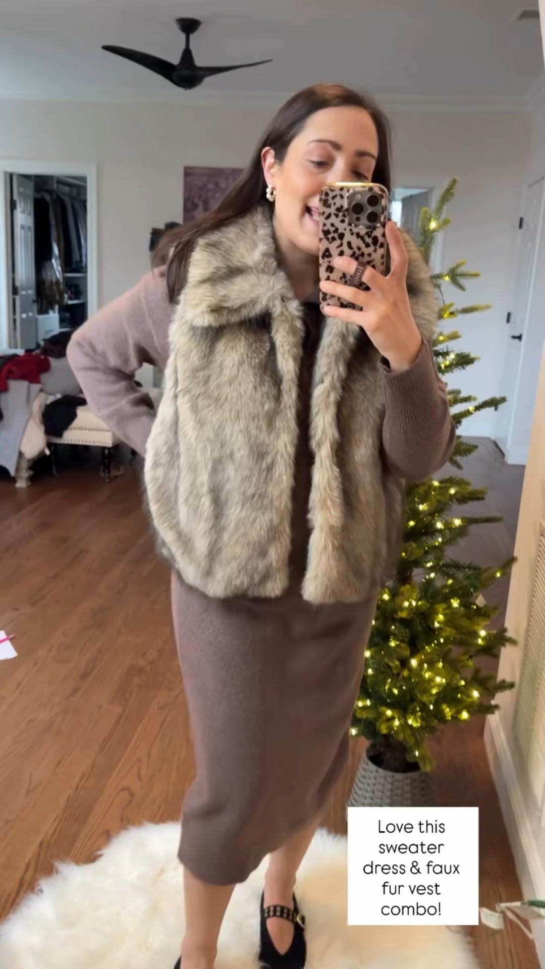 Love this sweater dress & faux fur vest combo!