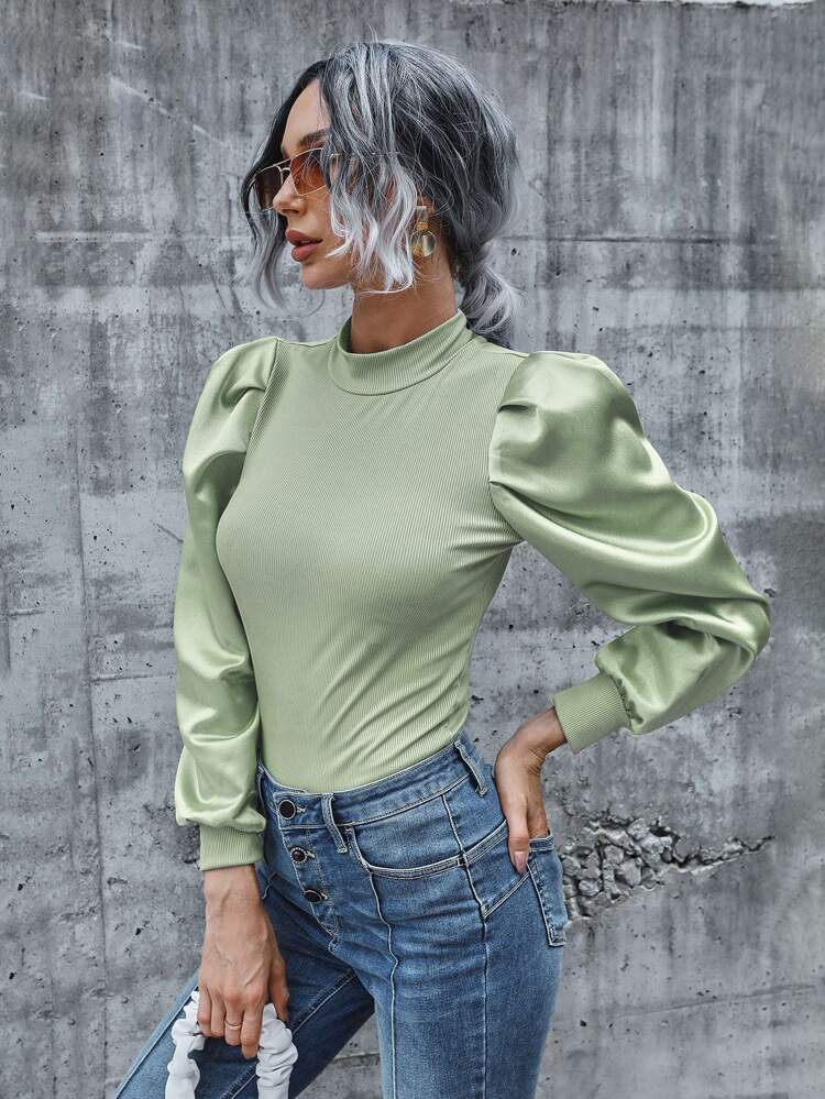 Mock Neck Puff Sleeve Rib-knit Top | SHEIN