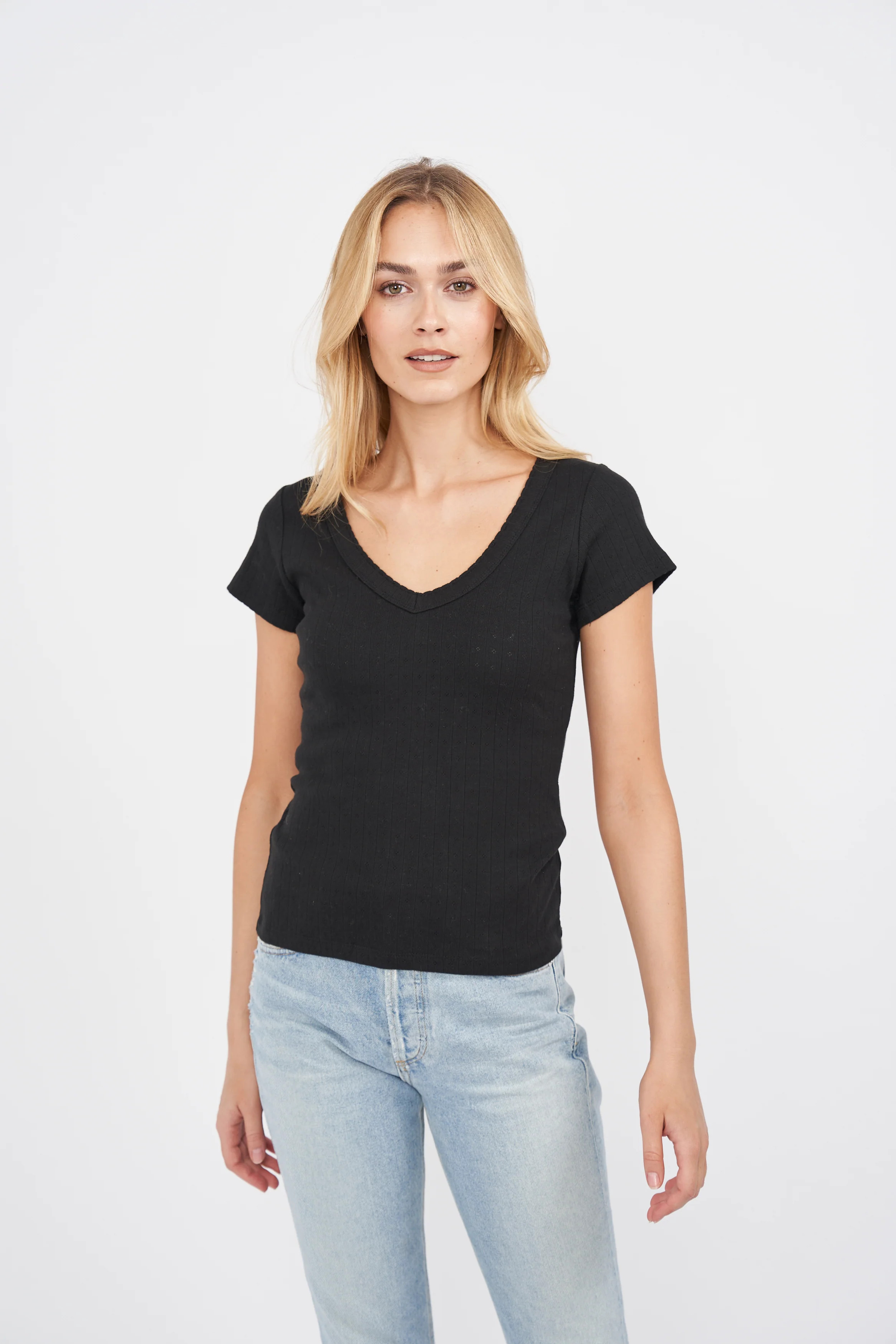Pointelle VNeck Tee - Black | Marea