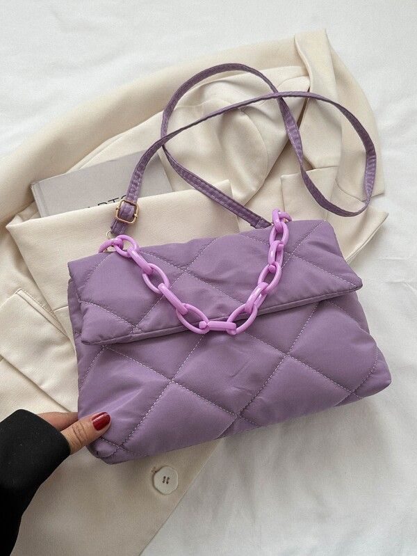 Purple Stitched Flap Square Crossbody Bag With Chain Decor | SHEIN