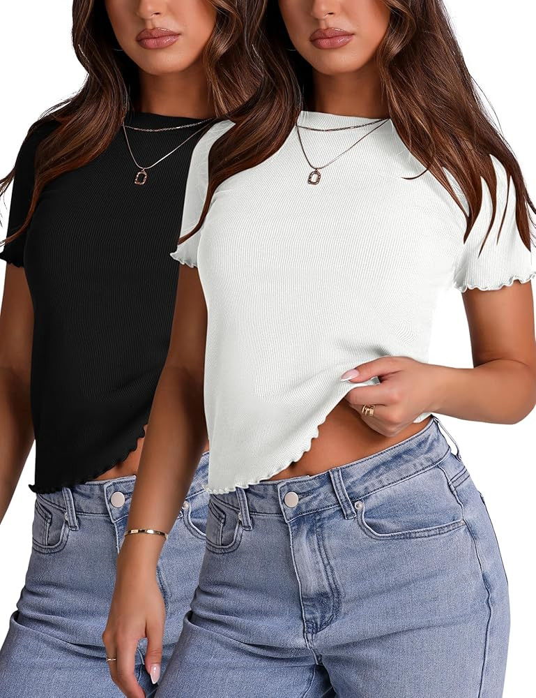 LOMON Women's Crew Neck Short Sleeves T Shirts Ribbed Knit Summer Basic Fitted Tees Lettuce Edge ... | Amazon (US)