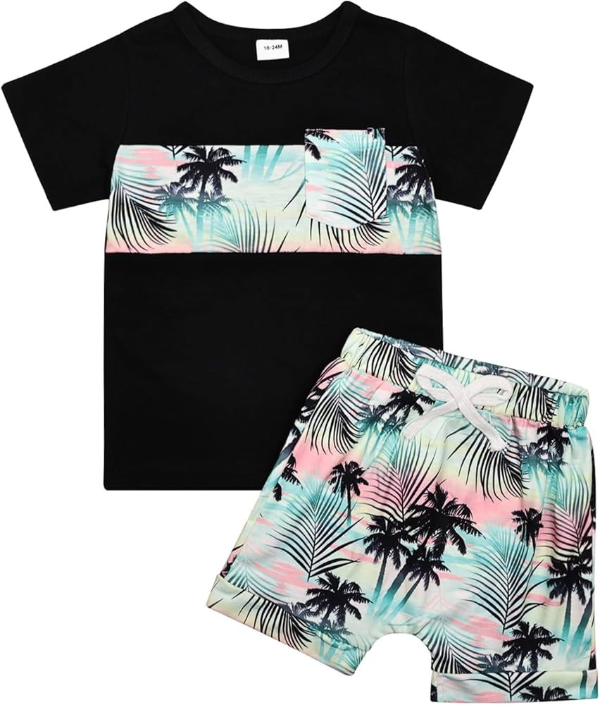 Toddler Baby Boy Clothes Summer Holiday Style Outfits Short Sleeve Top T-Shirt & Pocket Pant Set ... | Amazon (US)
