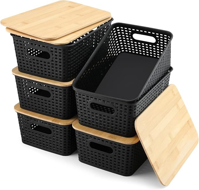 Baskets for Organizing Plastic Storage Bins With Bamboo Lids Small Shelf Basket Container for Org... | Amazon (US)