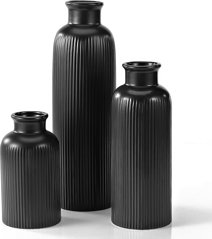 Black Ceramic Vase Set of 3, Boho Modern Black Flower Vase Room Decor, Farmhouse Decor, Vases for... | Amazon (US)