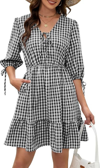 ECOWISH Mini Dress for Women Gingham 3/4 Sleeve V Neck Tiered Tie Front | Amazon (US)