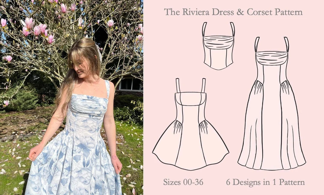 Riviera Dress & Corset PDF Pattern Sizes 00-36 Ruched Bustier Drop Waist Midi and Mini Lace-up Ba... | Etsy (US)