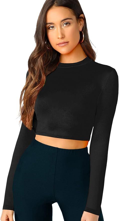 Verdusa Women's Casual Slim Fitted Basic Long Sleeve Solid Crop Tee Top | Amazon (US)