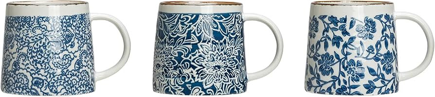 Creative Co-Op Blue & White Hand-Stamped Stoneware Mug with Gold Rim (Set of 3 Patterns) Mugs & C... | Amazon (US)