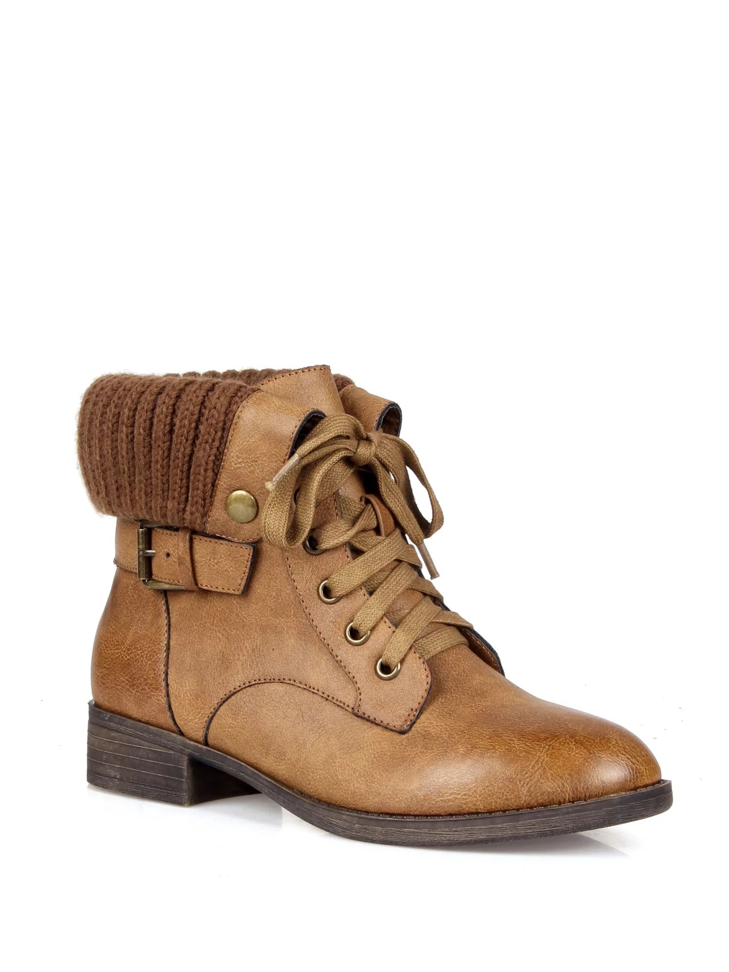 Mark and Maddux Fold Over Woman's Combat Boots in Cognac - Walmart.com | Walmart (US)