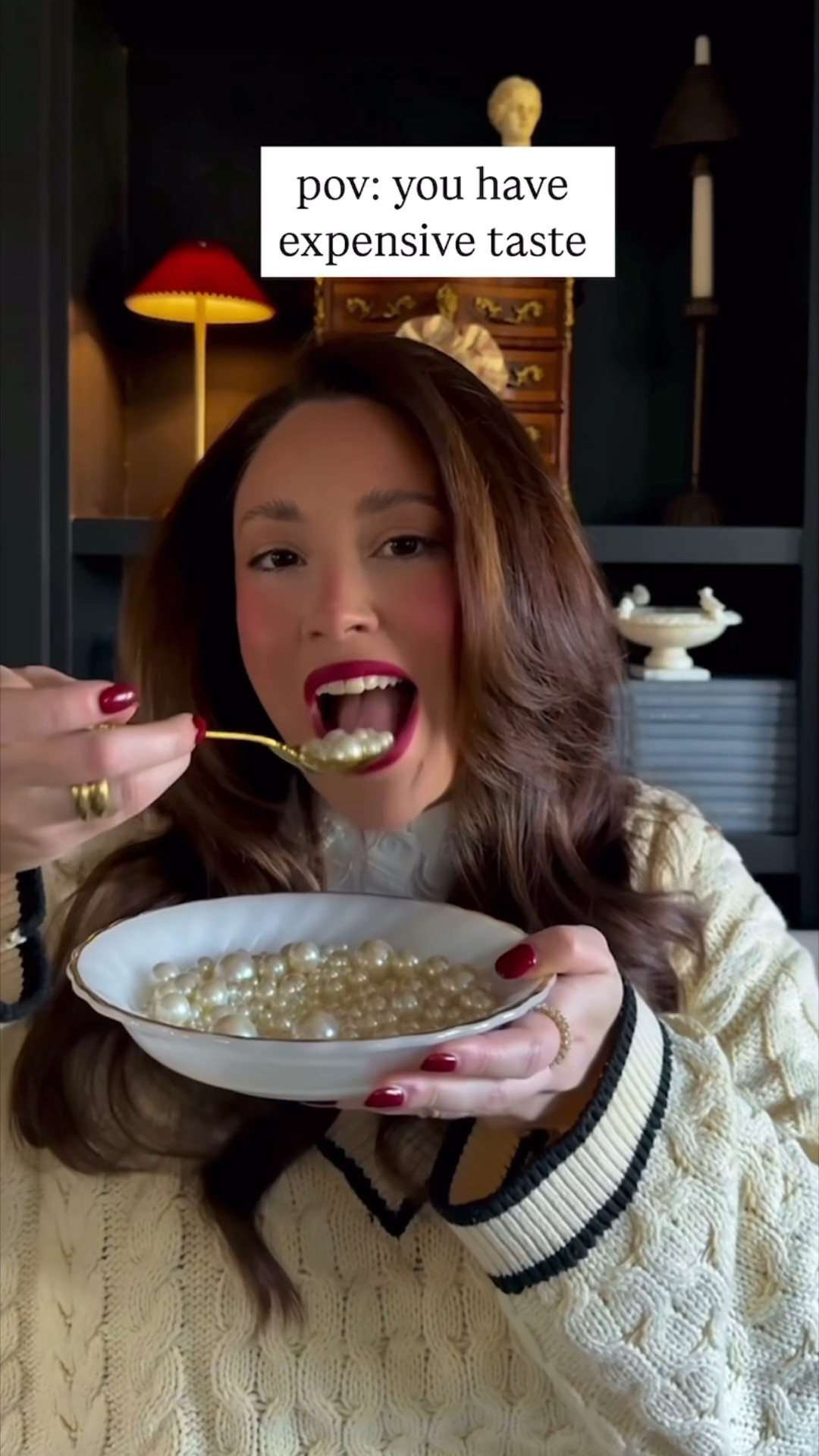 I can’t help that I have expensive taste lol!  #champagnetaste #funny #sweater #rings #jewelry #redlipstick #oldmoney 

#LTKStyleTip #LTKHome #LTKBeauty