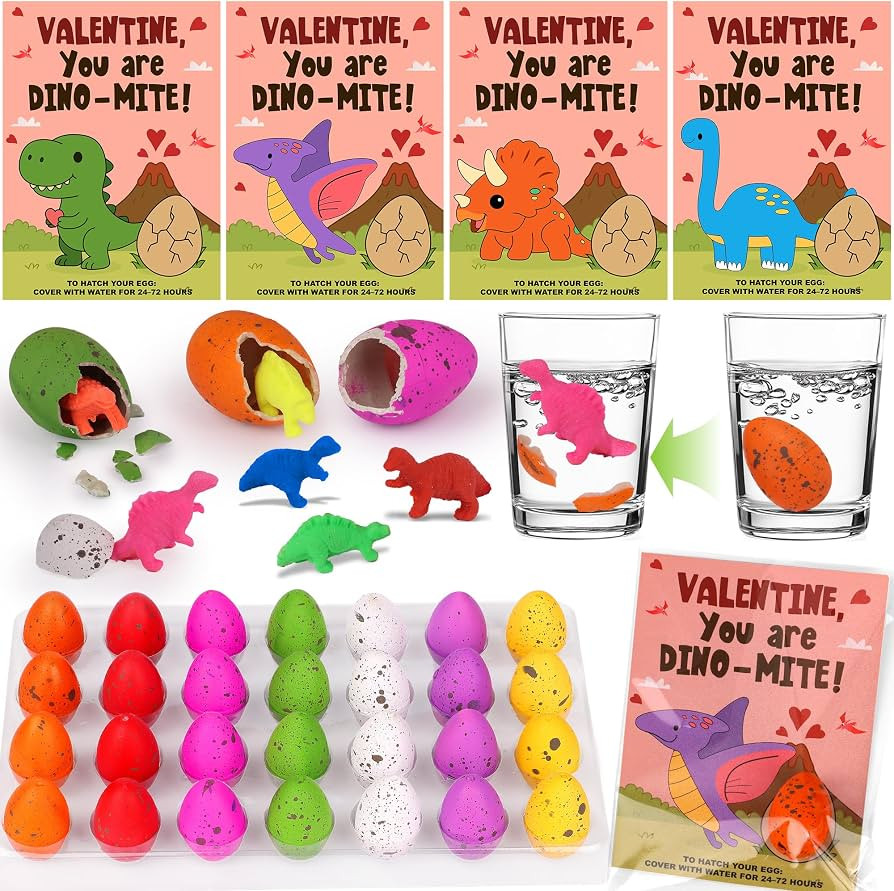 28 Pack Valentines Day Gifts for Kids Classroom Dinosaur Egg Hatching Toys with Valentines Cards ... | Amazon (US)