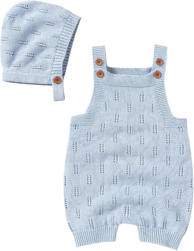 LAWKUL Baby Knit Romper Sleeveless 100% Cotton Jumpsuit with Hat Newborn Outfits Overall Bodysuit... | Amazon (US)
