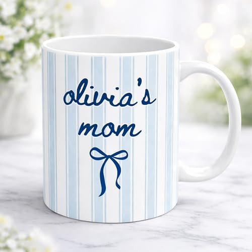 Personalized Mom Mug, Custom Coffee Cup with Blue Watercolor Stripes and Hearts, Aesthetic Mother’s Day or Birthday Gift for Mom, Ceramic Tea Mug with Navy Blue Handle | Amazon (US)