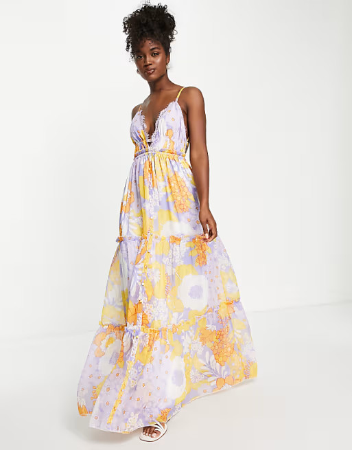 ASOS DESIGN button through tiered lace trim maxi dress in floral print | ASOS (Global)