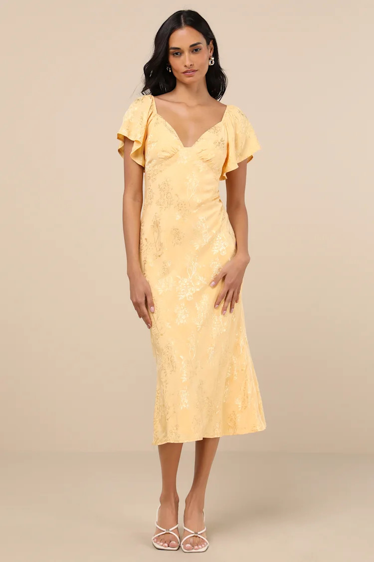Effervescent Afternoon Yellow Satin Flutter Sleeve Midi Dress | Lulus